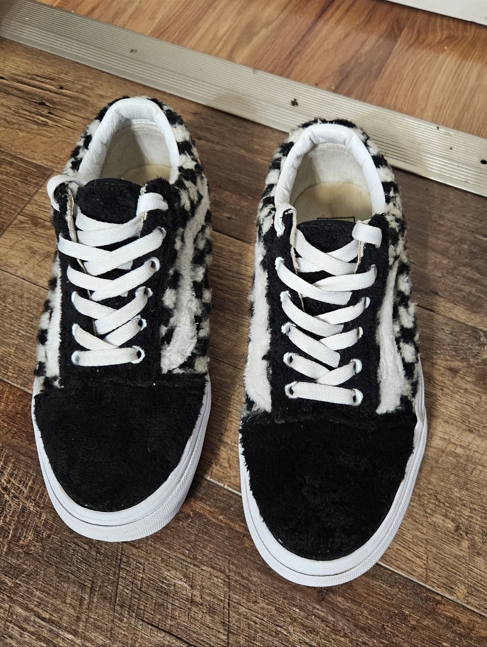 Vans Old School Checker Black and White Fuzzy Low-Top Sneakers